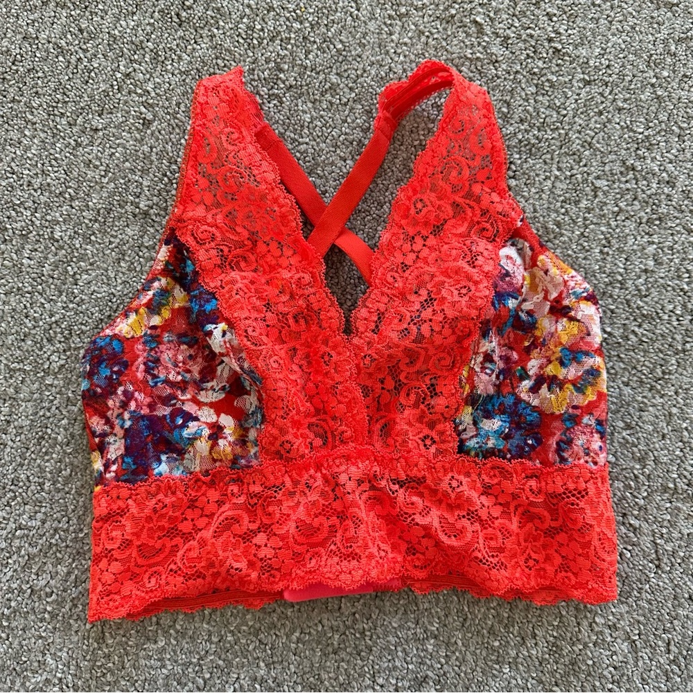 Soma Lace Plunge Bralette Small Red Multicolor Floral‎ Crossback